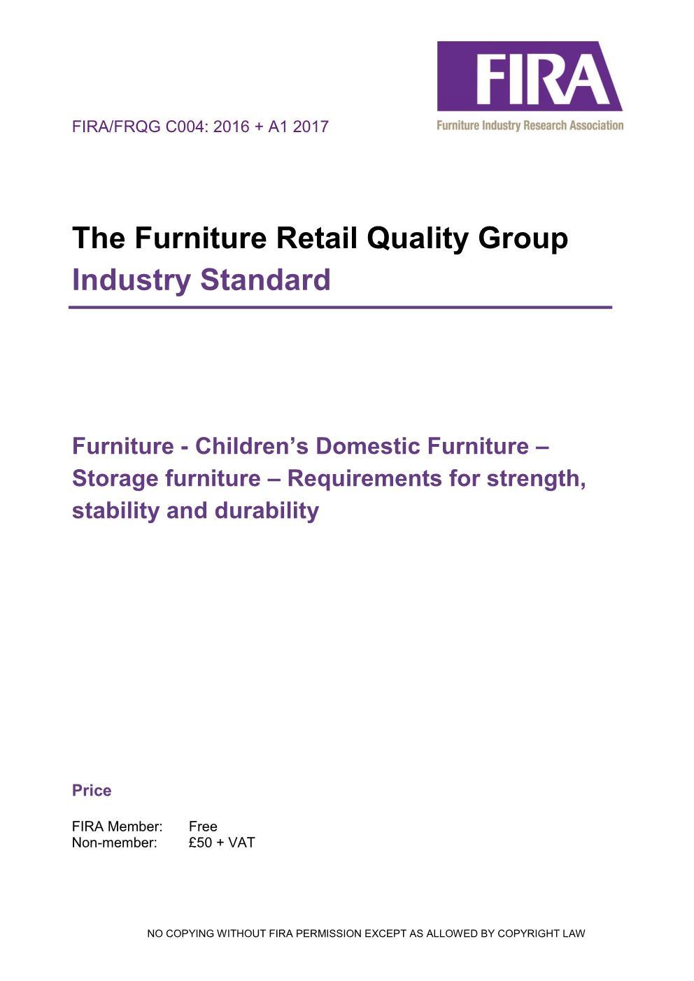Children’s Domestic Furniture: Industry Standard: Storage Furniture FIRA/FRQG C004: 2016 +A1 2017