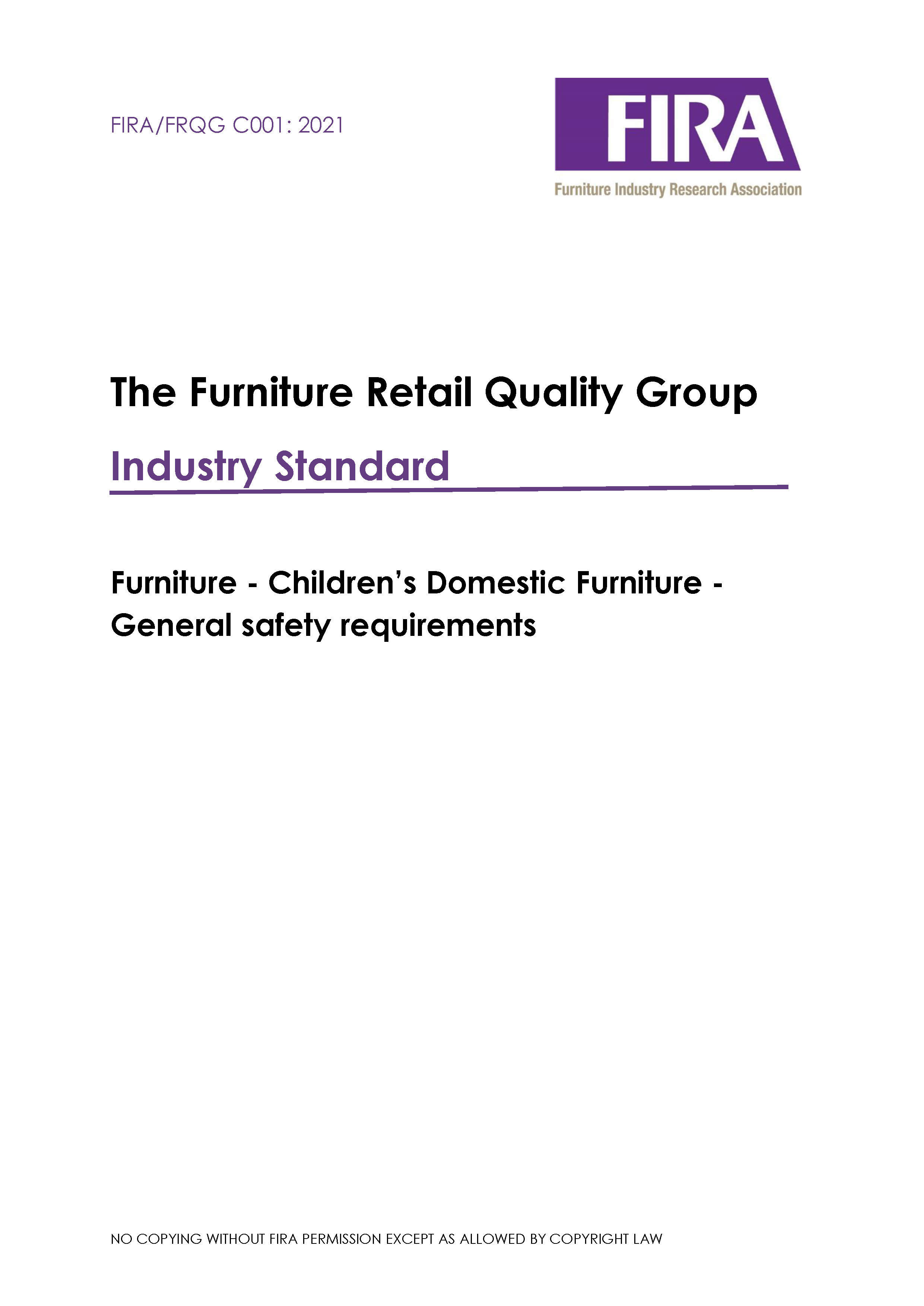 Children's Domestic Furniture Industry Standard: General Safety Requirements FIRA/FRQG C001: 2021